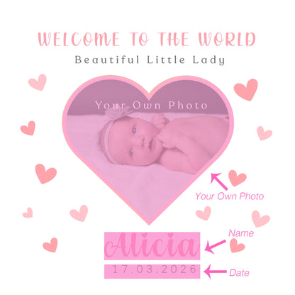 Personalised Phoro New Baby Girl Card Congratulations for Newborn Daughter, Granddaughter, Niece - Welcome To The World Card with Heart Frame Design - Custom Photo, Name & Date with Pink Envelope