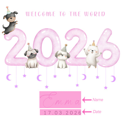 Personalised New Baby Girl Card Congratulations for Newborn Girl, Welcome To The World Card for Daughter, Granddaughter, Niece - Cute Puppy Dogs Design with Custom Name and Date with Pink Envelope