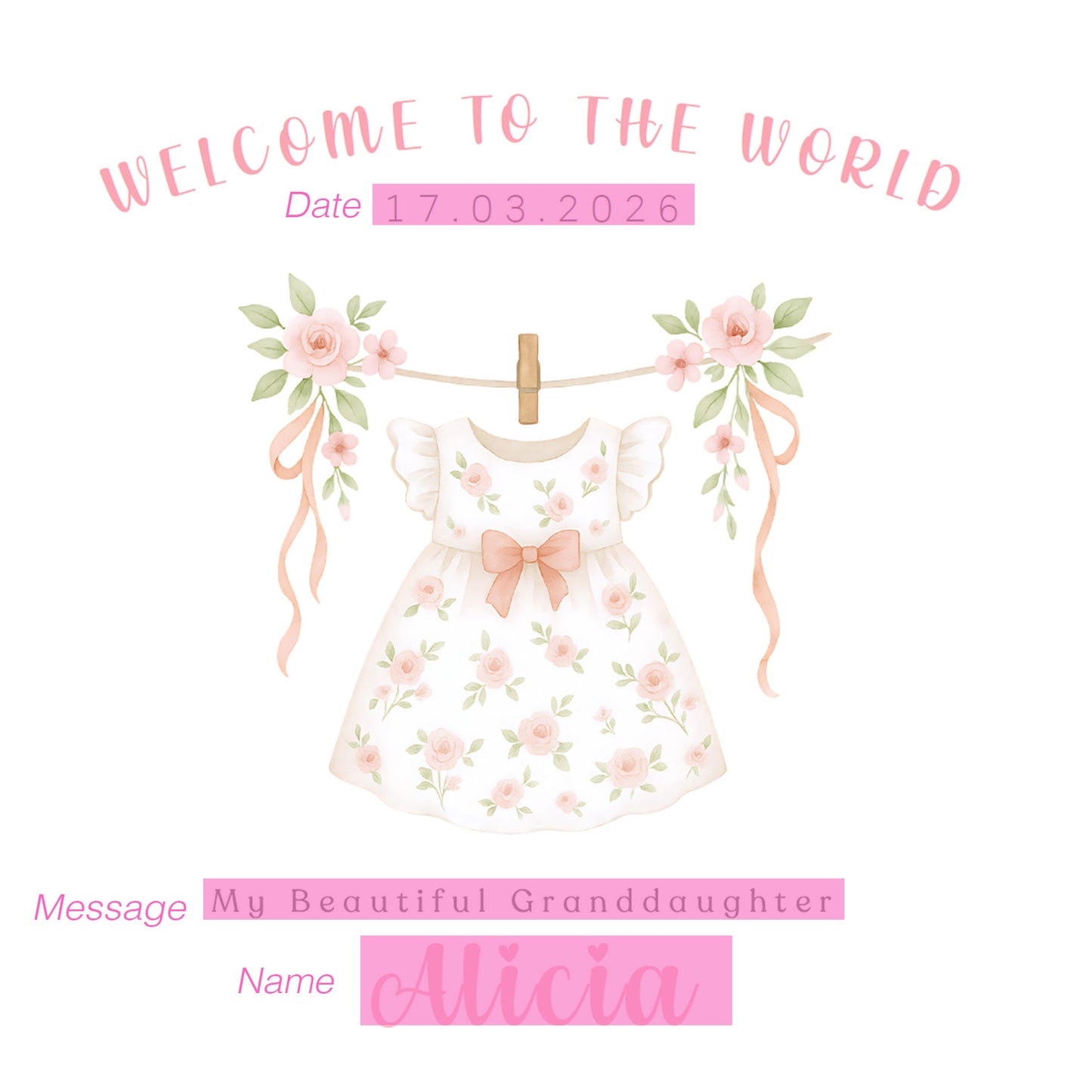 Personalised New Baby Girl Card Congratulations for Newborn Daughter, Granddaughter, Niece - Welcome To The World Card with Floral Dress Design - Custom Date, Message & Name with Pink Envelope