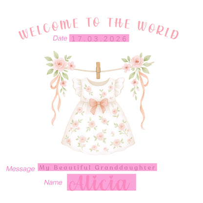 Personalised New Baby Girl Card Congratulations for Newborn Daughter, Granddaughter, Niece - Welcome To The World Card with Floral Dress Design - Custom Date, Message & Name with Pink Envelope