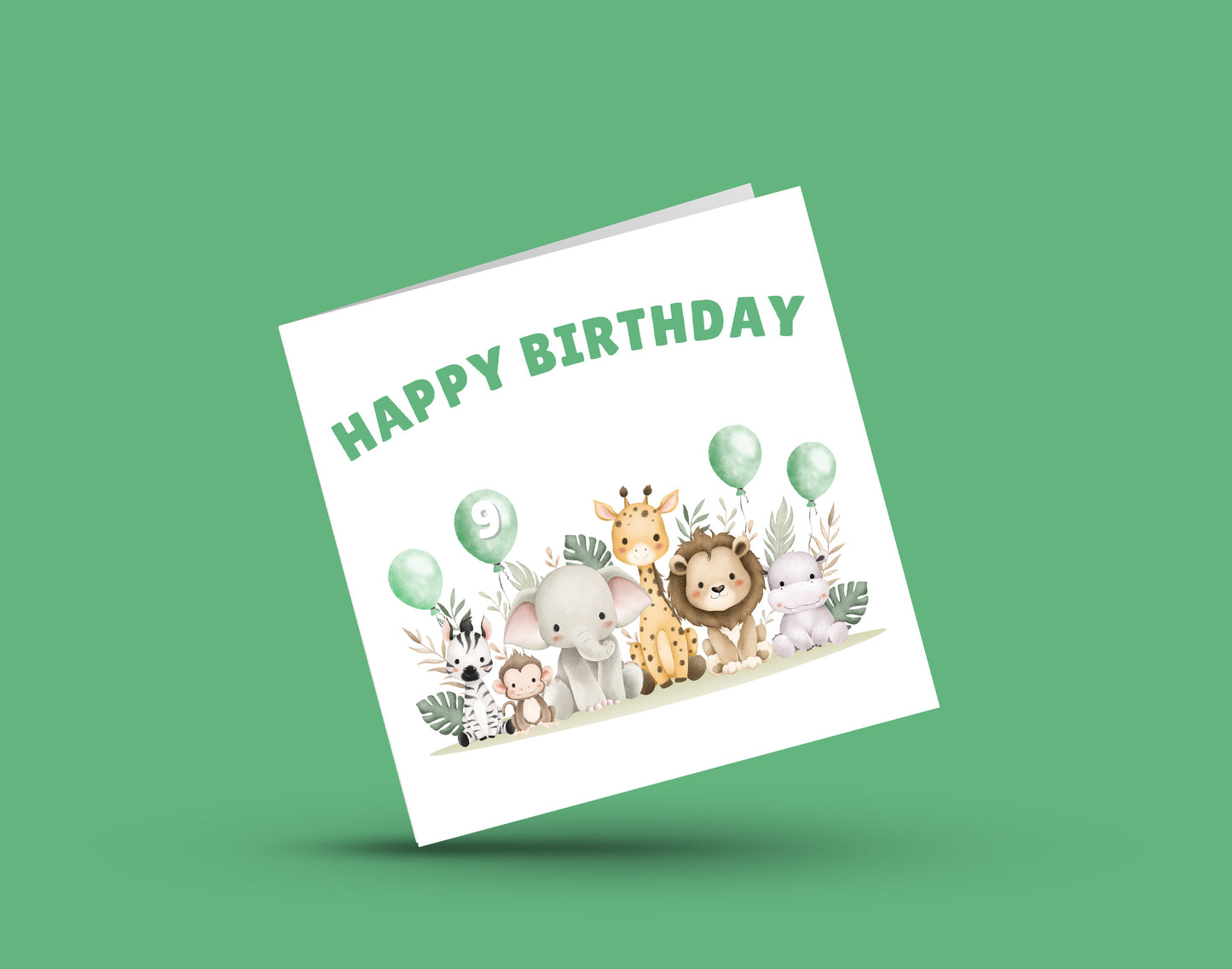 Safari Jungle Animals Happy Birthday Card, one Balloon contains the Birthday Age from 1 to 10 -Birthday Card for Baby Boy, Son, Grandson, Nephew, Children's Birthday Card – Green Envelope Included