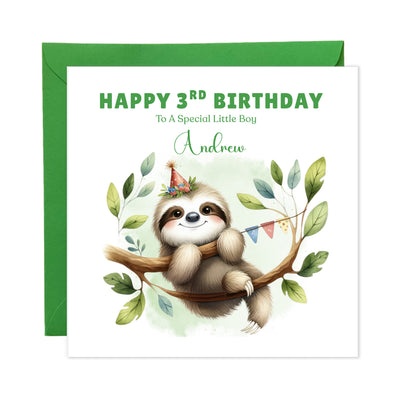 Personalised Age 3 Years Old 3rd Birthday Card for Boys or Girls – Sloth Jungle Animal Design with Custom Name & Message - for Little One, Grandson, Granddaughter, Nephew, Niece with Green Envelope