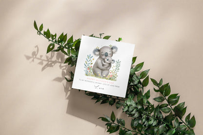 Personalised Happy Mother's Day Card with Custom Name for Her, Mummy, Mama, Mum, Mother to be, Mum to be, Grandma, Wife - Cute Koala Mum & Kid Design from Son, Daughter and Kids  Pink Envelope Included