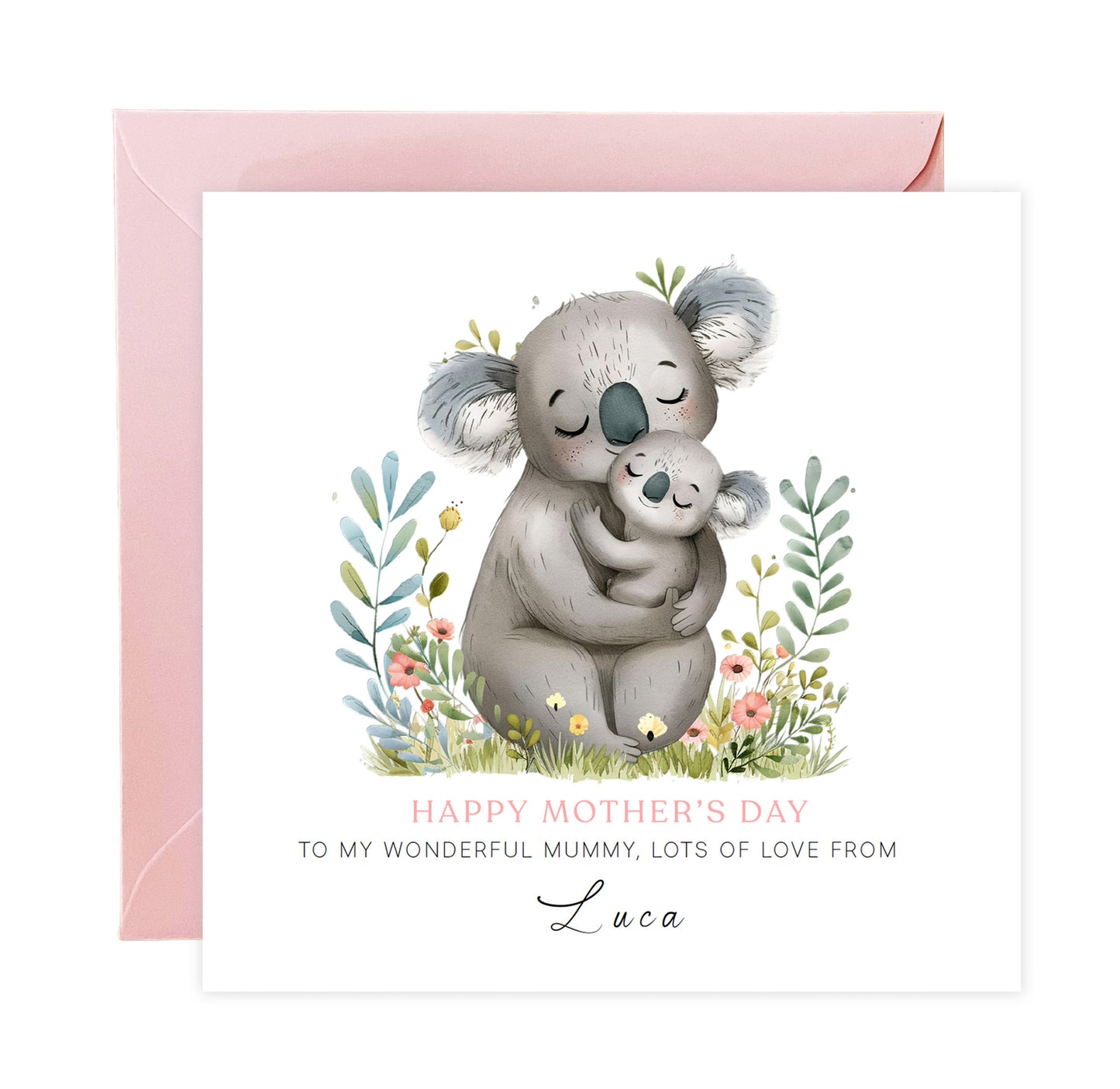 Personalised Happy Mother's Day Card with Custom Name for Her, Mummy, Mama, Mum, Mother to be, Mum to be, Grandma, Wife - Cute Koala Mum & Kid Design from Son, Daughter and Kids  Pink Envelope Included