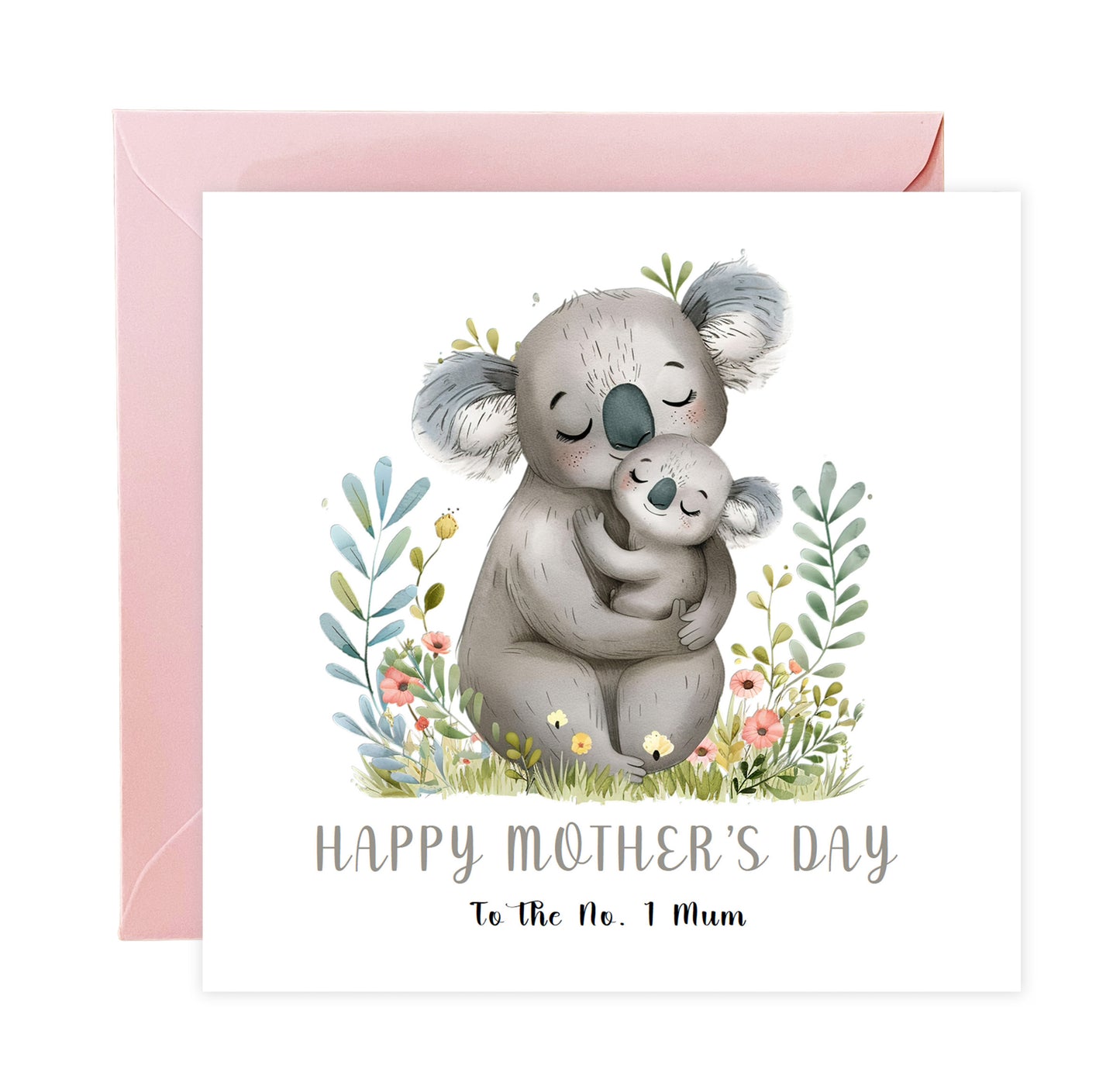 Happy Mother’s Day Card To The No. 1 Mum for Her, Mummy, Mama, Mum, Mother to be, Grandma from Children, Son & Daughter – Cute Koala Mummy & Kid Design - Pink Envelope Included
