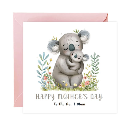 Happy Mother’s Day Card To The No. 1 Mum for Her, Mummy, Mama, Mum, Mother to be, Grandma from Children, Son & Daughter – Cute Koala Mummy & Kid Design - Pink Envelope Included