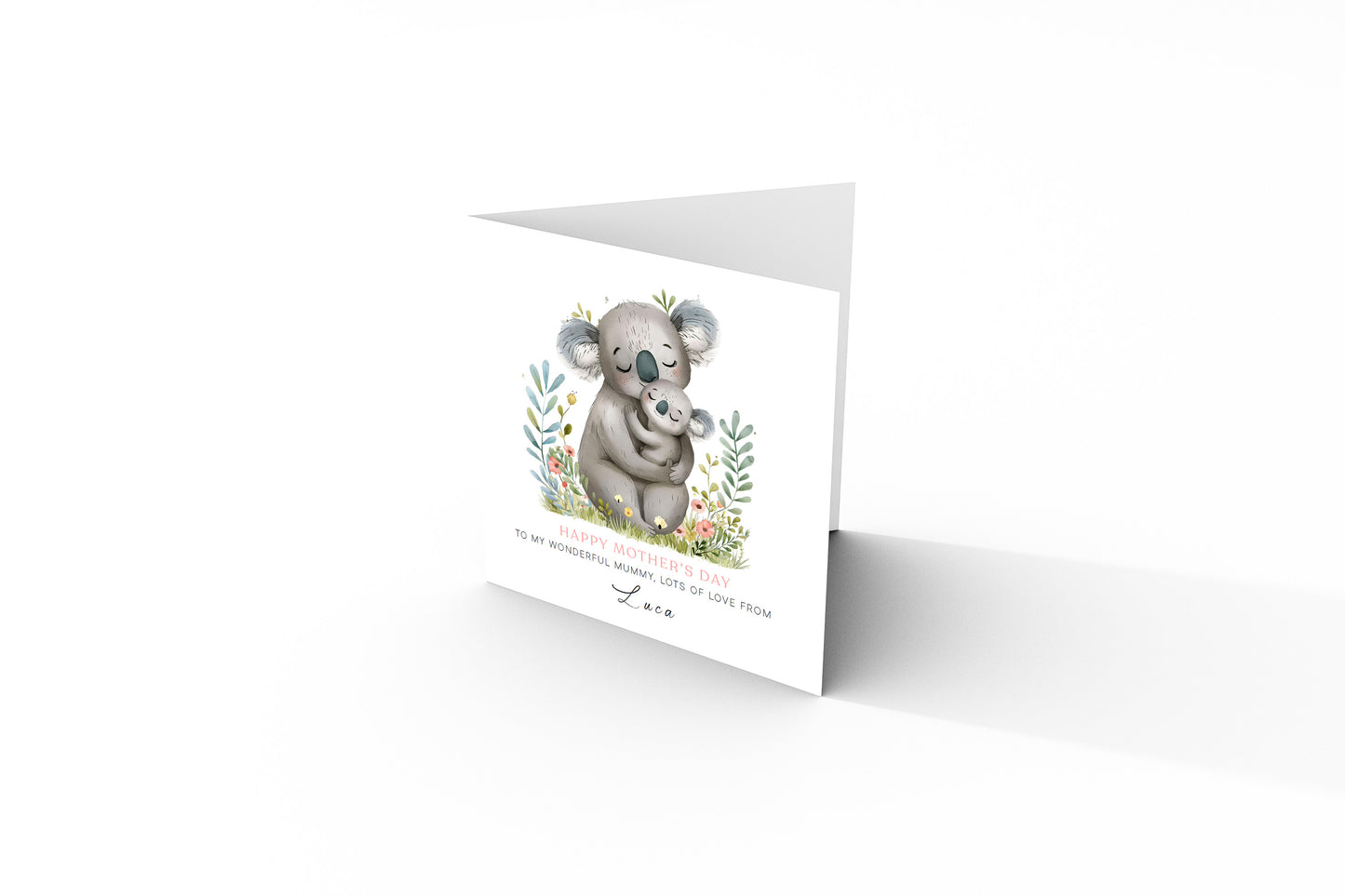 Personalised Happy Mother's Day Card with Custom Name for Her, Mummy, Mama, Mum, Mother to be, Mum to be, Grandma, Wife - Cute Koala Mum & Kid Design from Son, Daughter and Kids  Pink Envelope Included
