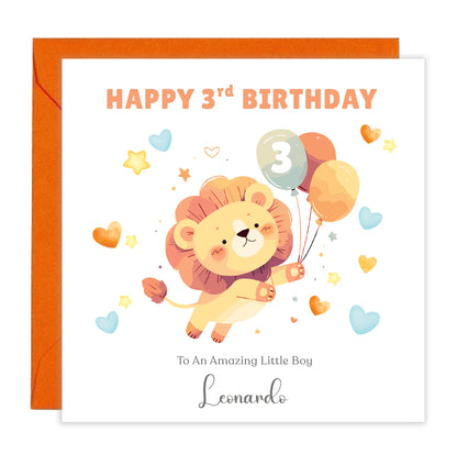 Personalised 3 Years Old 3rd Birthday Card for Toddler Boy - Cute Lion & Balloons Design with Custom Name & Message - Age 3 Year Old Birthday Card for Son, Grandson Nephew with Orange Envelope