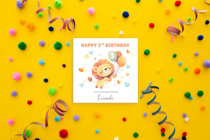 Personalised 3 Years Old 3rd Birthday Card for Toddler Boy - Cute Lion & Balloons Design with Custom Name & Message - Age 3 Year Old Birthday Card for Son, Grandson Nephew with Orange Envelope
