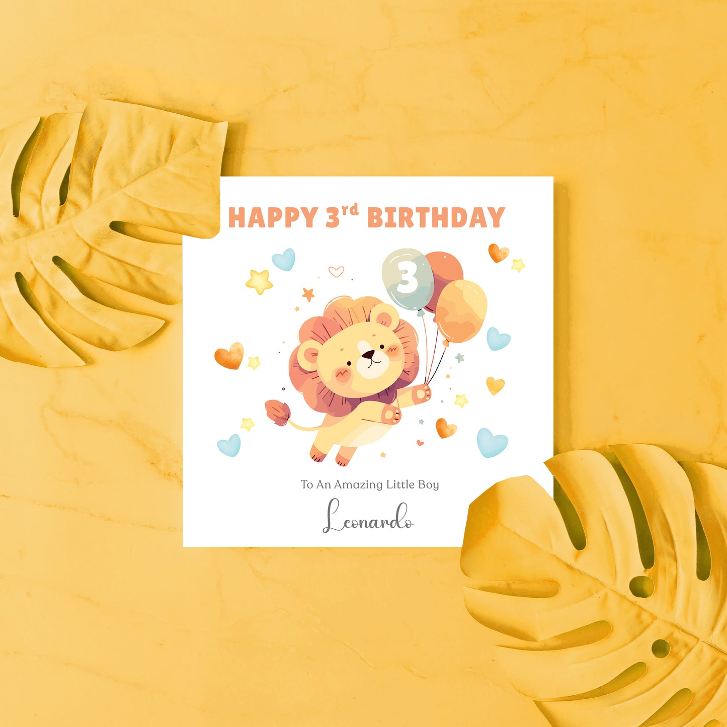 Personalised 3 Years Old 3rd Birthday Card for Toddler Boy - Cute Lion & Balloons Design with Custom Name & Message - Age 3 Year Old Birthday Card for Son, Grandson Nephew with Orange Envelope
