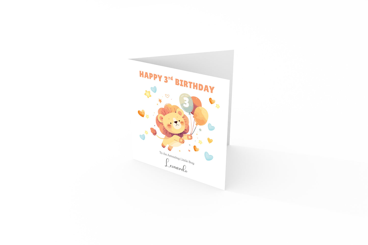 Personalised 3 Years Old 3rd Birthday Card for Toddler Boy - Cute Lion & Balloons Design with Custom Name & Message - Age 3 Year Old Birthday Card for Son, Grandson Nephew with Orange Envelope