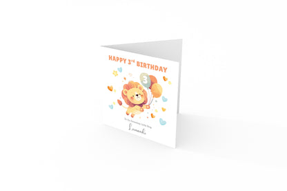 Personalised 3 Years Old 3rd Birthday Card for Toddler Boy - Cute Lion & Balloons Design with Custom Name & Message - Age 3 Year Old Birthday Card for Son, Grandson Nephew with Orange Envelope