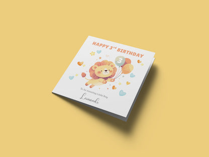 Personalised 3 Years Old 3rd Birthday Card for Toddler Boy - Cute Lion & Balloons Design with Custom Name & Message - Age 3 Year Old Birthday Card for Son, Grandson Nephew with Orange Envelope