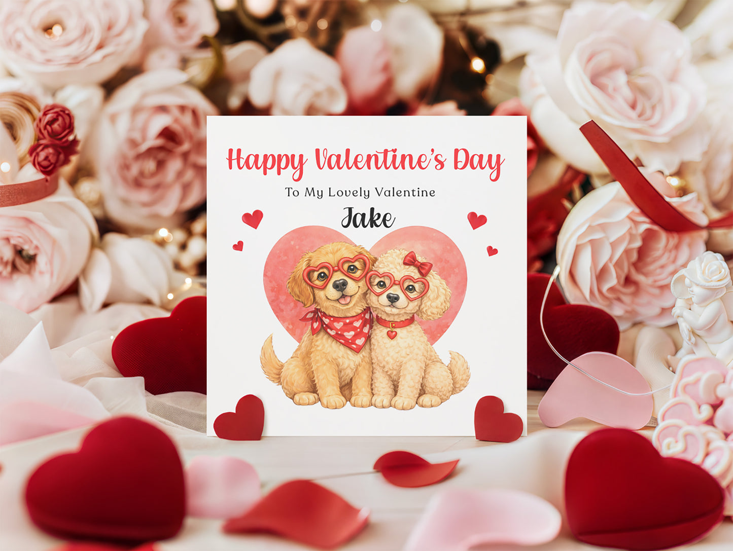 Personalised Cute Dogs Valentine’s Day Card wth Custom Message and Name - for Dog Lovers, Pet Owners, Wife, Husband, Boyfriend, Girlfriend, Fiance, Fiancee - for Him or Her - Red Envelope Included