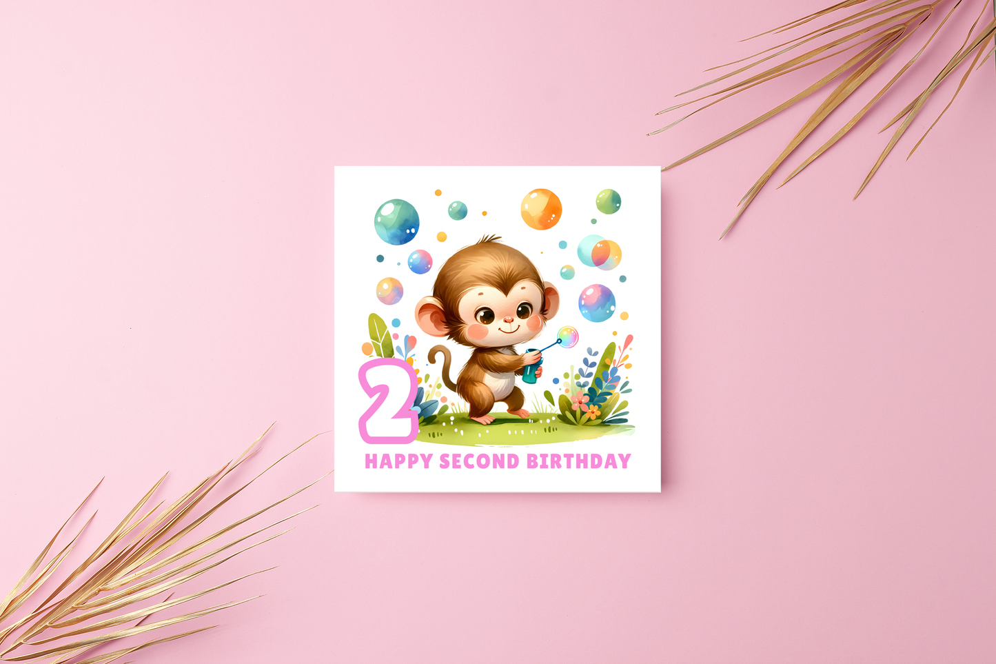 2 Years Old 2nd Birthday Card for Toddler Girl –  Monkey in Jungle Animal Theme Design - Age 2 Two years old Birthday Card for Daughter, Granddaughter, Niece - Pink Envelope Included