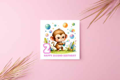 2 Years Old 2nd Birthday Card for Toddler Girl –  Monkey in Jungle Animal Theme Design - Age 2 Two years old Birthday Card for Daughter, Granddaughter, Niece - Pink Envelope Included