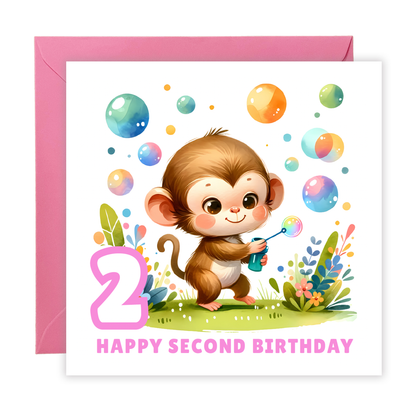 2 Years Old 2nd Birthday Card for Toddler Girl –  Monkey in Jungle Animal Theme Design - Age 2 Two years old Birthday Card for Daughter, Granddaughter, Niece - Pink Envelope Included