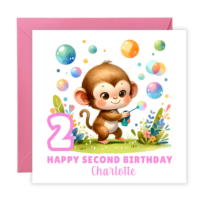 Personalised 2 Years Old 2nd Birthday Card for Toddler Girl –  Monkey Jungle Animal Design with Custom Name & Message - Age 2 Birthday Card for Daughter, Granddaughter, Niece- Pink Envelope Included