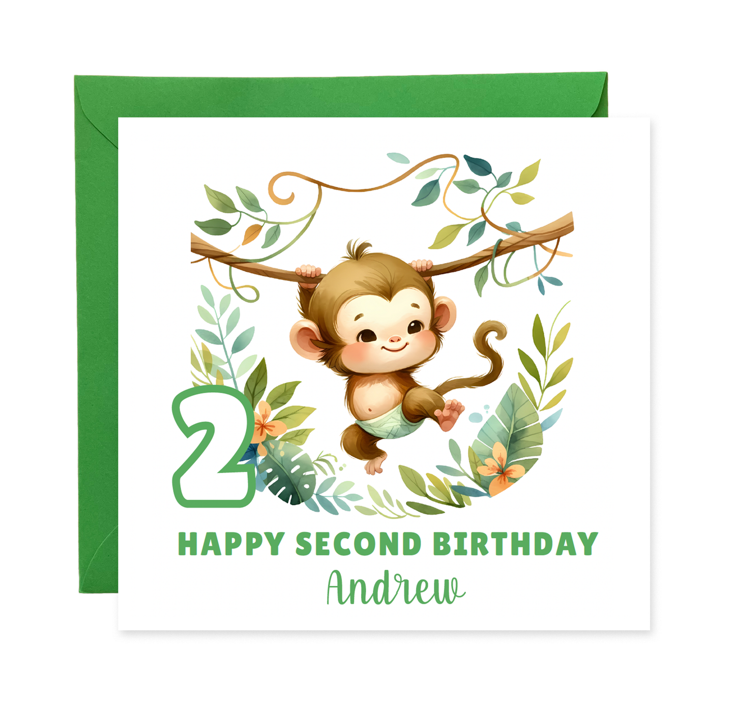 Personalised 2 Years Old 2nd Birthday Card for Toddler Boy – Monkey Jungle Animal Design with Custom Name - Age 2 Two-year-old Birthday Card for Son, Grandson Nephew - Green Envelope Included