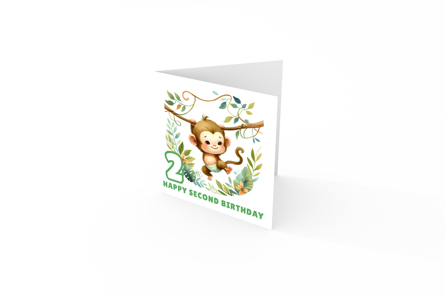 2 Years Old 2nd Birthday Card for Toddler Boy – Monkey in Jungle Animal Theme Design - Age 2 Two years old Birthday Card for Son, Grandson Nephew with Green Envelope