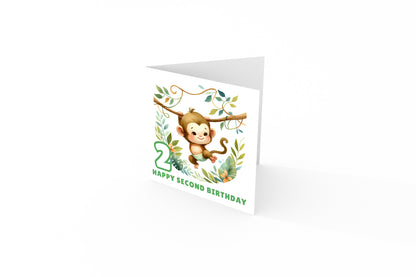 2 Years Old 2nd Birthday Card for Toddler Boy – Monkey in Jungle Animal Theme Design - Age 2 Two years old Birthday Card for Son, Grandson Nephew with Green Envelope