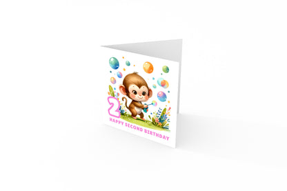 2 Years Old 2nd Birthday Card for Toddler Girl –  Monkey in Jungle Animal Theme Design - Age 2 Two years old Birthday Card for Daughter, Granddaughter, Niece - Pink Envelope Included