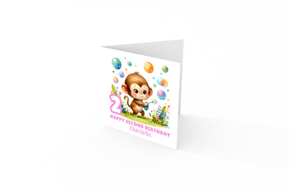 Personalised 2 Years Old 2nd Birthday Card for Toddler Girl –  Monkey Jungle Animal Design with Custom Name & Message - Age 2 Birthday Card for Daughter, Granddaughter, Niece- Pink Envelope Included
