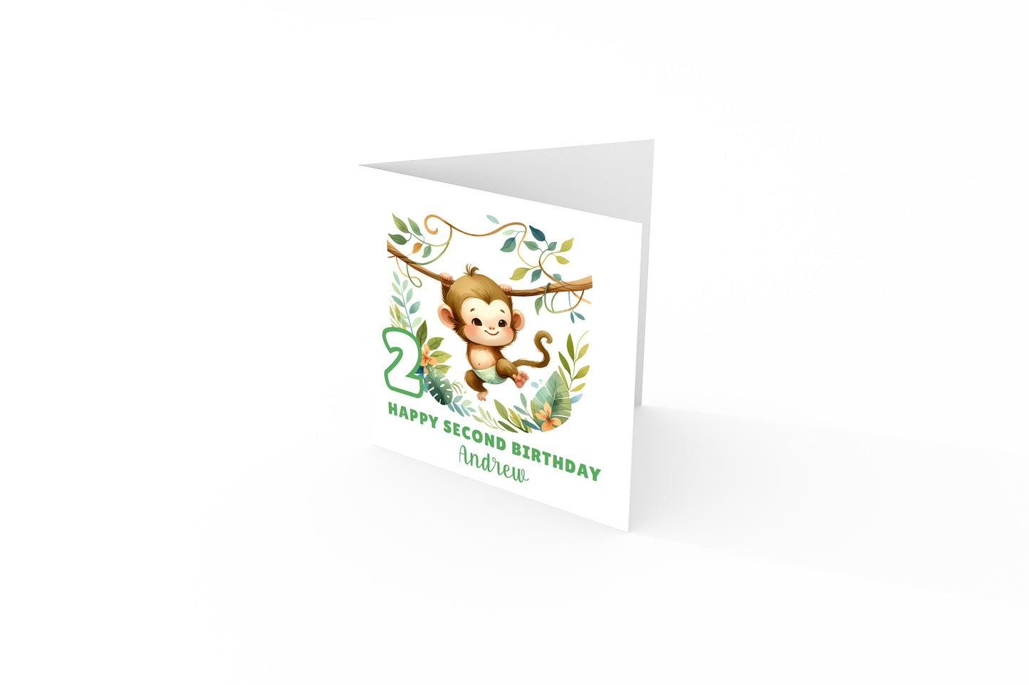Personalised 2 Years Old 2nd Birthday Card for Toddler Boy – Monkey Jungle Animal Design with Custom Name - Age 2 Two-year-old Birthday Card for Son, Grandson Nephew - Green Envelope Included