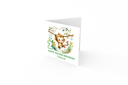 Personalised 2 Years Old 2nd Birthday Card for Toddler Boy – Monkey Jungle Animal Design with Custom Name - Age 2 Two-year-old Birthday Card for Son, Grandson Nephew - Green Envelope Included
