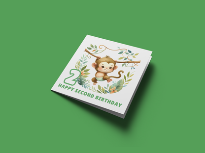 2 Years Old 2nd Birthday Card for Toddler Boy – Monkey in Jungle Animal Theme Design - Age 2 Two years old Birthday Card for Son, Grandson Nephew with Green Envelope