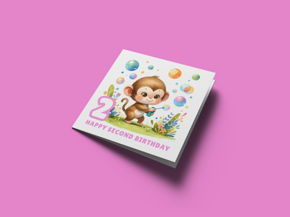 2 Years Old 2nd Birthday Card for Toddler Girl –  Monkey in Jungle Animal Theme Design - Age 2 Two years old Birthday Card for Daughter, Granddaughter, Niece - Pink Envelope Included