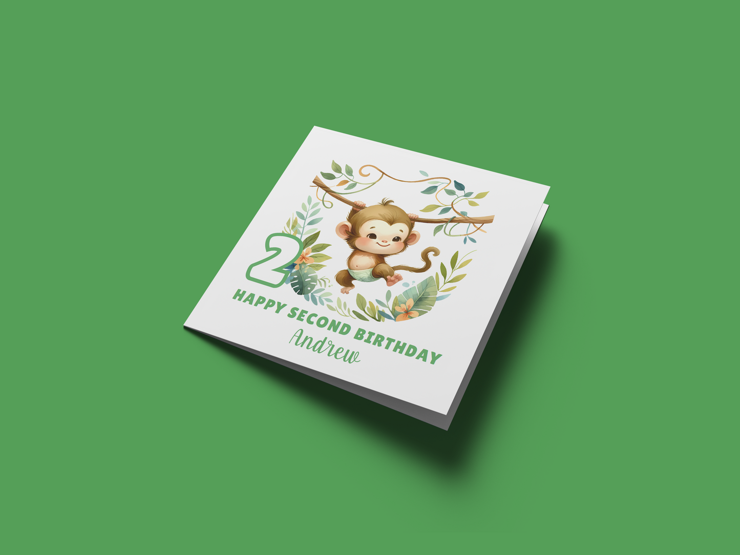 Personalised 2 Years Old 2nd Birthday Card for Toddler Boy – Monkey Jungle Animal Design with Custom Name - Age 2 Two-year-old Birthday Card for Son, Grandson Nephew - Green Envelope Included