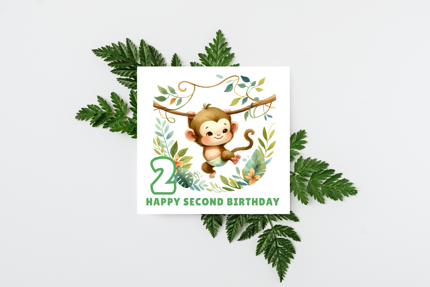 2 Years Old 2nd Birthday Card for Toddler Boy – Monkey in Jungle Animal Theme Design - Age 2 Two years old Birthday Card for Son, Grandson Nephew with Green Envelope