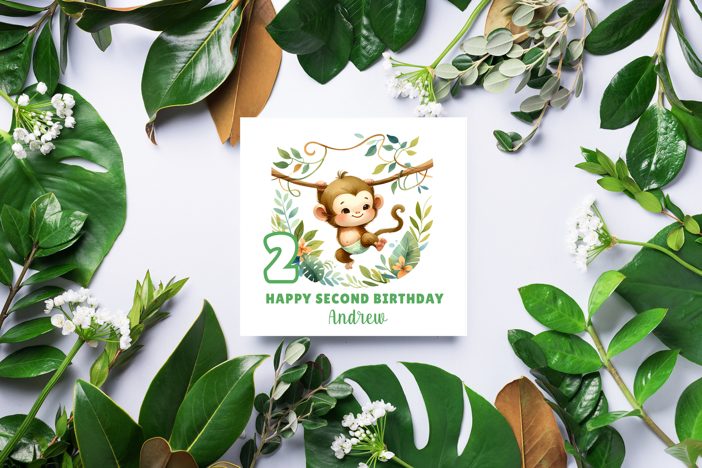 Personalised 2 Years Old 2nd Birthday Card for Toddler Boy – Monkey Jungle Animal Design with Custom Name - Age 2 Two-year-old Birthday Card for Son, Grandson Nephew - Green Envelope Included
