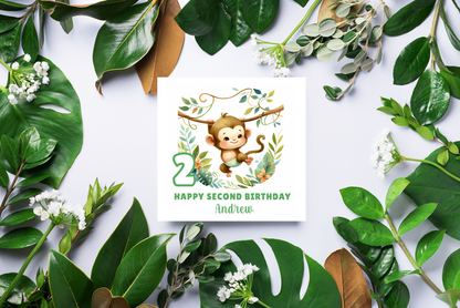 Personalised 2 Years Old 2nd Birthday Card for Toddler Boy – Monkey Jungle Animal Design with Custom Name - Age 2 Two-year-old Birthday Card for Son, Grandson Nephew - Green Envelope Included