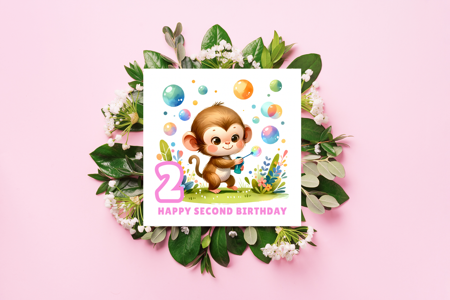 2 Years Old 2nd Birthday Card for Toddler Girl –  Monkey in Jungle Animal Theme Design - Age 2 Two years old Birthday Card for Daughter, Granddaughter, Niece - Pink Envelope Included