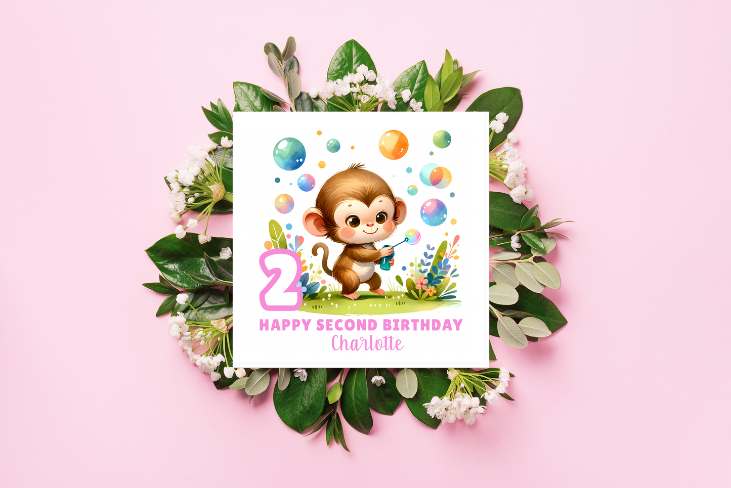 Personalised 2 Years Old 2nd Birthday Card for Toddler Girl –  Monkey Jungle Animal Design with Custom Name & Message - Age 2 Birthday Card for Daughter, Granddaughter, Niece- Pink Envelope Included