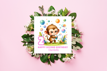 Personalised 2 Years Old 2nd Birthday Card for Toddler Girl –  Monkey Jungle Animal Design with Custom Name & Message - Age 2 Birthday Card for Daughter, Granddaughter, Niece- Pink Envelope Included