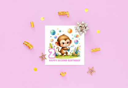 2 Years Old 2nd Birthday Card for Toddler Girl –  Monkey in Jungle Animal Theme Design - Age 2 Two years old Birthday Card for Daughter, Granddaughter, Niece - Pink Envelope Included