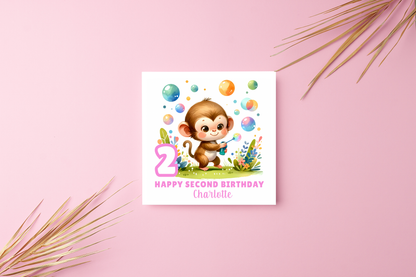 Personalised 2 Years Old 2nd Birthday Card for Toddler Girl –  Monkey Jungle Animal Design with Custom Name & Message - Age 2 Birthday Card for Daughter, Granddaughter, Niece- Pink Envelope Included