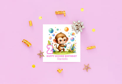 Personalised 2 Years Old 2nd Birthday Card for Toddler Girl –  Monkey Jungle Animal Design with Custom Name & Message - Age 2 Birthday Card for Daughter, Granddaughter, Niece- Pink Envelope Included