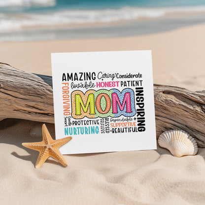 Happy Mother’s Day Card - Word Cloud “MOM” Design with Loving Traits Design for Mother, Mother To Be, Step-Mum, Grranma, Wife from Son or Daughter - Pink Envelope Included
