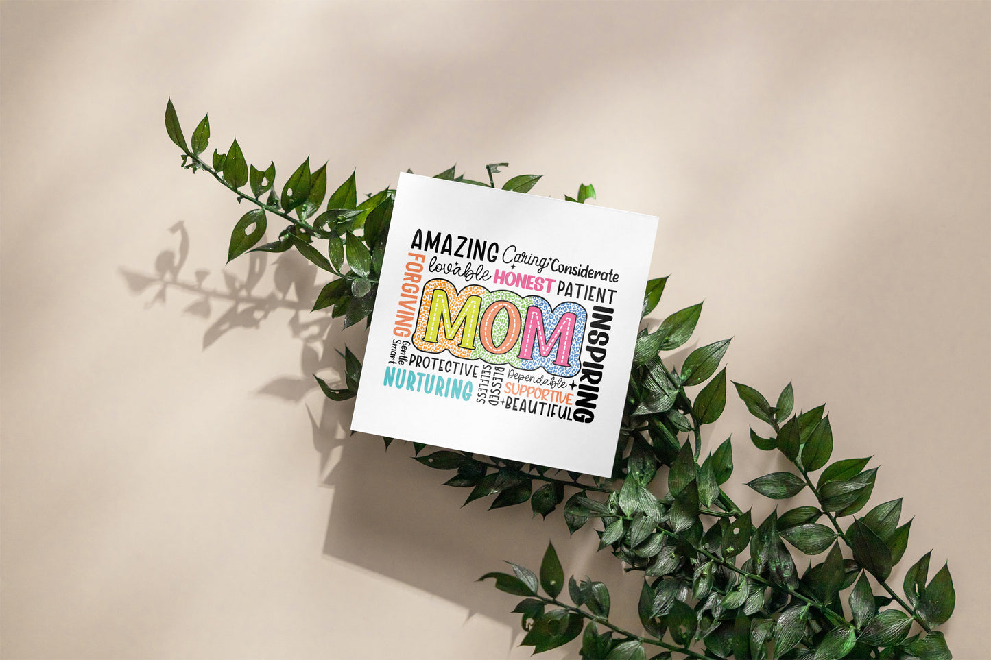 Happy Mother’s Day Card - Word Cloud “MOM” Design with Loving Traits Design for Mother, Mother To Be, Step-Mum, Grranma, Wife from Son or Daughter - Pink Envelope Included