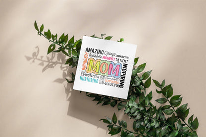 Happy Mother’s Day Card - Word Cloud “MOM” Design with Loving Traits Design for Mother, Mother To Be, Step-Mum, Grranma, Wife from Son or Daughter - Pink Envelope Included