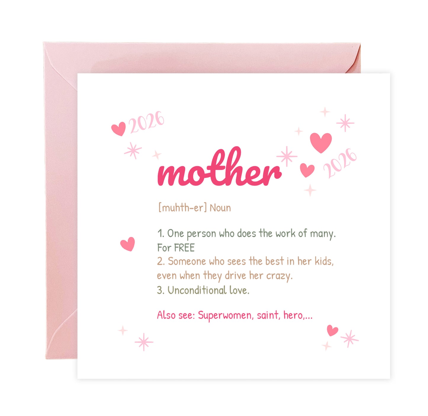2026 Happy Mother’s Day Card -  Cute Mother Definition Design for Mother, Mum To Be, Step-Mum, Grranma, Wife – Sweet Spring Mother’s Day Card from Son or Daughter - Pink Envelope Included