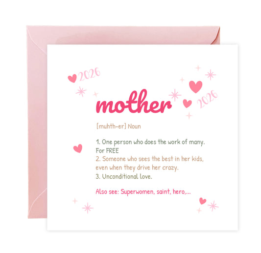 2026 Happy Mother’s Day Card -  Cute Mother Definition Design for Mother, Mum To Be, Step-Mum, Grranma, Wife – Sweet Spring Mother’s Day Card from Son or Daughter - Pink Envelope Included