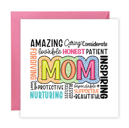 Happy Mother’s Day Card - Word Cloud “MOM” Design with Loving Traits Design for Mother, Mother To Be, Step-Mum, Grranma, Wife from Son or Daughter - Pink Envelope Included