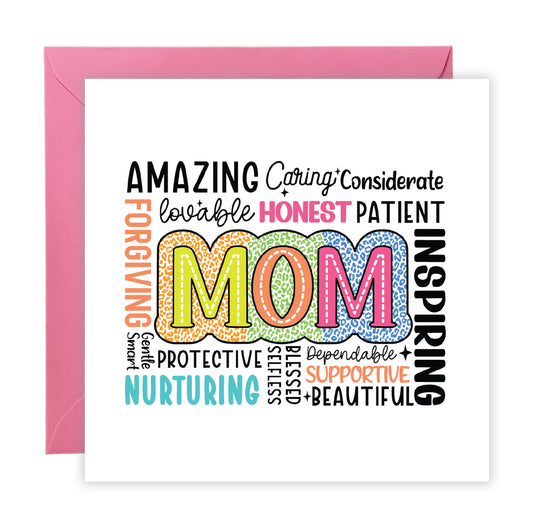 Happy Mother’s Day Card - Word Cloud “MOM” Design with Loving Traits Design for Mother, Mother To Be, Step-Mum, Grranma, Wife from Son or Daughter - Pink Envelope Included