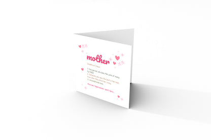 2026 Happy Mother’s Day Card -  Cute Mother Definition Design for Mother, Mum To Be, Step-Mum, Grranma, Wife – Sweet Spring Mother’s Day Card from Son or Daughter - Pink Envelope Included
