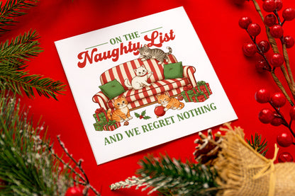 Funny Cats Christmas Card – On The Naughty List And We Regret Nothing – Cute Kittens Xmas Card for Cat Lovers – for Friends & Family, for Him, Her, Kids, Co-Workers –  Red Envelope Included